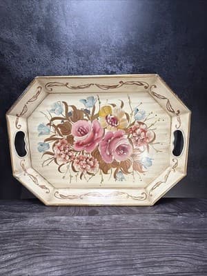 Pilgrim Art Tole Metal Floral Tray Large Handpainted Rectangle Shabby Victorian - Thumbnail 4