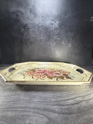Pilgrim Art Tole Metal Floral Tray Large Handpainted Rectangle Shabby Victorian - Thumbnail 11