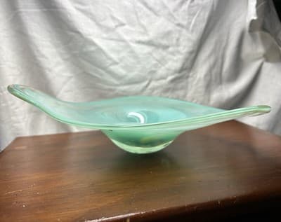 Vintage Hand blown Art Glass Dish Sea Foam Green Art Deco Abstract Swirls - Thumbnail 2