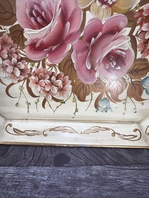 Pilgrim Art Tole Metal Floral Tray Large Handpainted Rectangle Shabby Victorian - Thumbnail 10