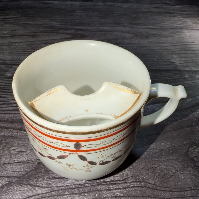 Antique Victorian Porcelain Mustache Cup with Orange Swag and Gold Gilt Design - - Thumbnail 2