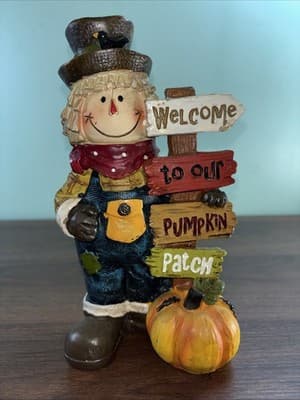 Harvest Fall Decor Figurine-Farmer With Welcome To Our Patch Sign 8 “ Tall
