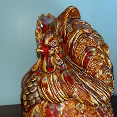 Vintage Atlantic Mold Hand Painted Ceramic Hen Rooster Chicken Cookie Jar Brown - Thumbnail 3