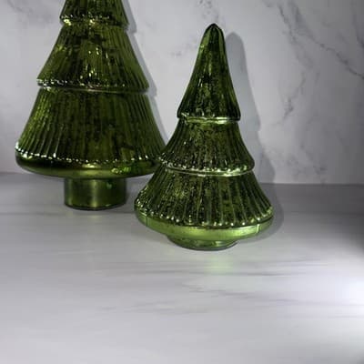 GREEN METALLIC Glass Christmas Tree Mercury SCULPTURE HOLIDAY DECOR 13” 8” - Thumbnail 3
