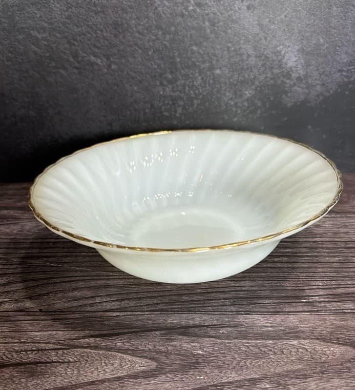 Fire-King Swirl White Milk Glass Serving Bowl with Gold Trim 8.5"