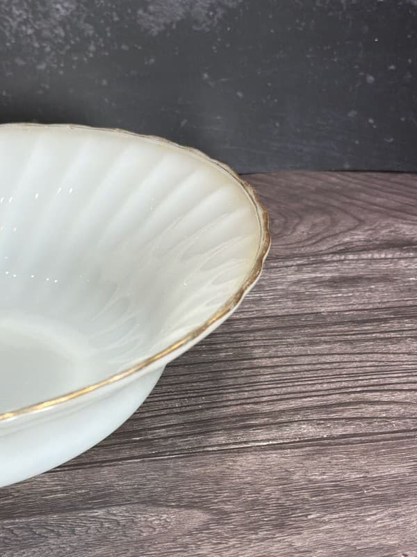 Fire-King Swirl White Milk Glass Serving Bowl with Gold Trim 8.5" - Thumbnail 6