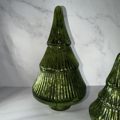 GREEN METALLIC Glass Christmas Tree Mercury SCULPTURE HOLIDAY DECOR 13” 8” - Thumbnail 6