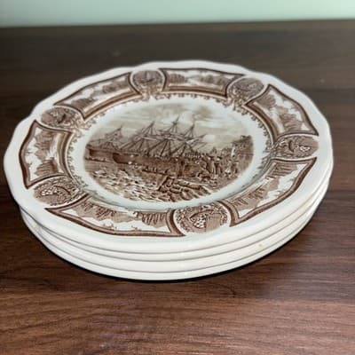 J&G Meakin Designer Plate Americana Style House Ironstone Brown Ships Harbor VTG - Thumbnail 3