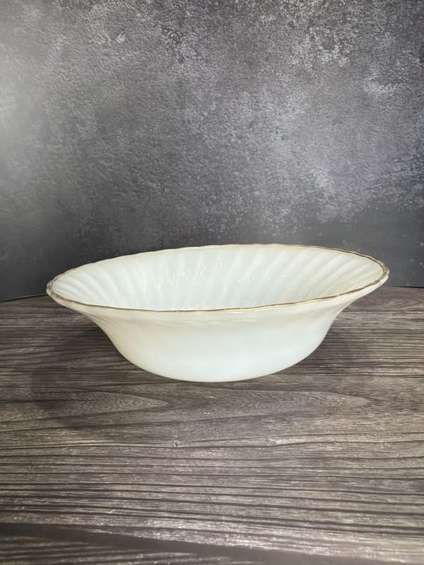 Fire-King Swirl White Milk Glass Serving Bowl with Gold Trim 8.5" - Thumbnail 4