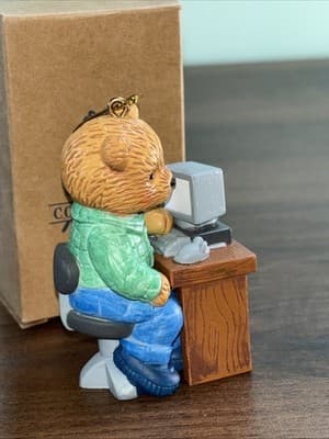Vintage 1996 Office Work Desk Computer Bear Ornament Rubber Dad Working - Thumbnail 4