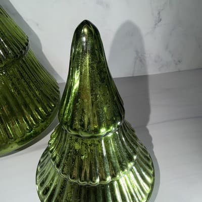GREEN METALLIC Glass Christmas Tree Mercury SCULPTURE HOLIDAY DECOR 13” 8” - Thumbnail 4