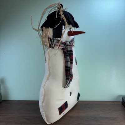 Primitive Stuffed Snowman Large 20” Pillow Primitive Patchwork Plaid Buttons - Thumbnail 2