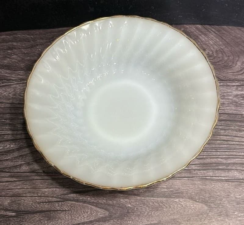 Fire-King Swirl White Milk Glass Serving Bowl with Gold Trim 8.5" - Thumbnail 2