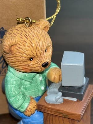 Vintage 1996 Office Work Desk Computer Bear Ornament Rubber Dad Working - Thumbnail 2