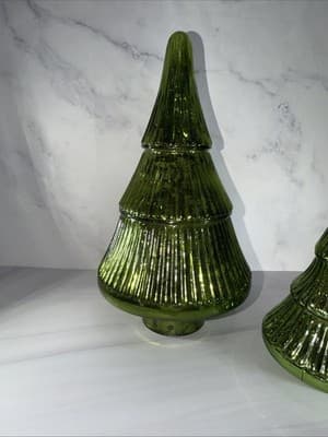 GREEN METALLIC Glass Christmas Tree Mercury SCULPTURE HOLIDAY DECOR 13” 8” - Thumbnail 7