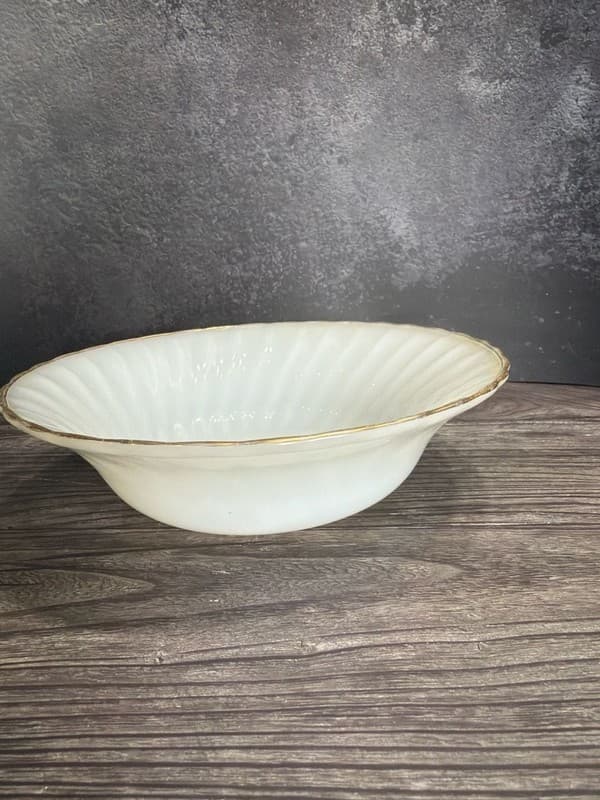 Fire-King Swirl White Milk Glass Serving Bowl with Gold Trim 8.5" - Thumbnail 5