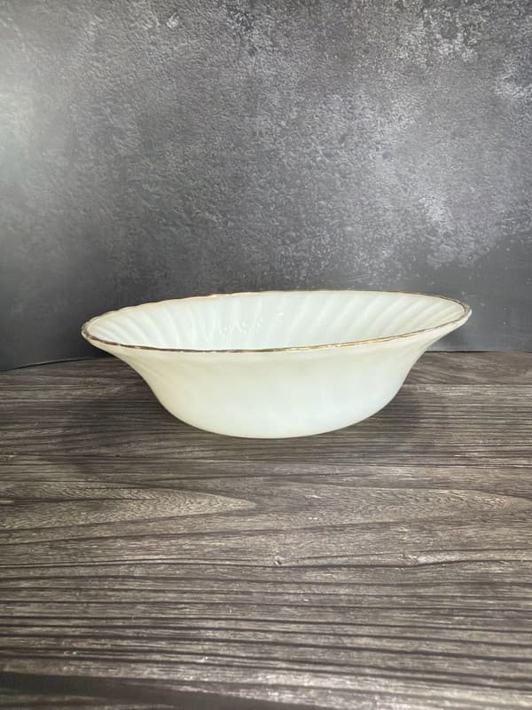 Fire-King Swirl White Milk Glass Serving Bowl with Gold Trim 8.5" - Thumbnail 3