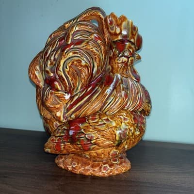 Vintage Atlantic Mold Hand Painted Ceramic Hen Rooster Chicken Cookie Jar Brown - Thumbnail 7