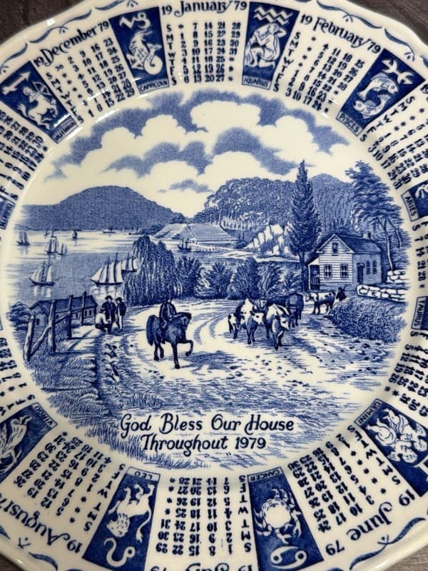 Alfred Meakin 1979 Calendar Plate Blue and White God Bless Our House Zodiac - Thumbnail 2