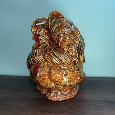 Vintage Atlantic Mold Hand Painted Ceramic Hen Rooster Chicken Cookie Jar Brown - Thumbnail 2