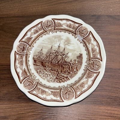 J&G Meakin Designer Plate Americana Style House Ironstone Brown Ships Harbor VTG - Thumbnail 2