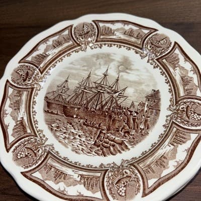 J&G Meakin Designer Plate Americana Style House Ironstone Brown Ships Harbor VTG - Thumbnail 4