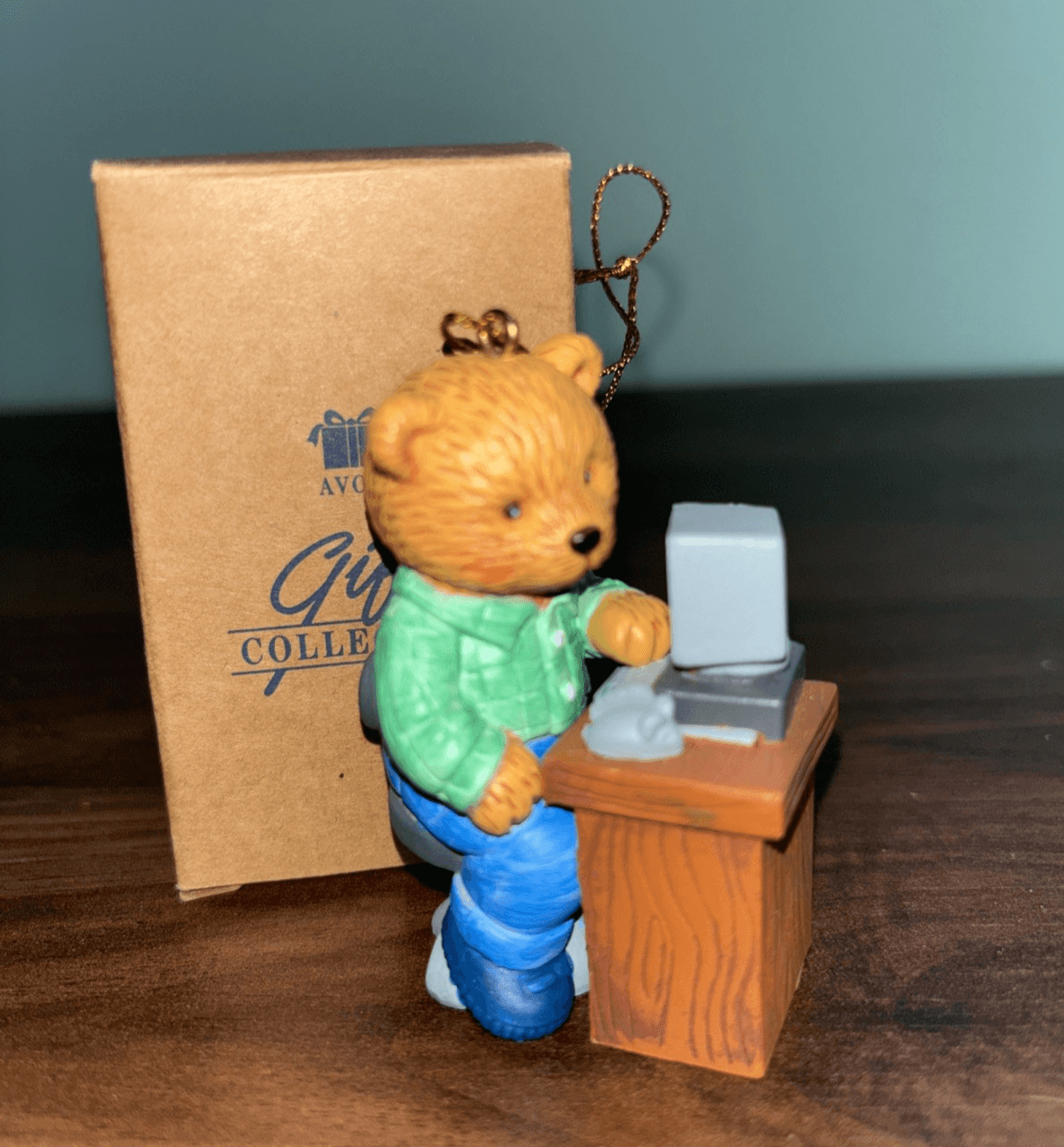 Vintage 1996 Office Work Desk Computer Bear Ornament Rubber Dad Working