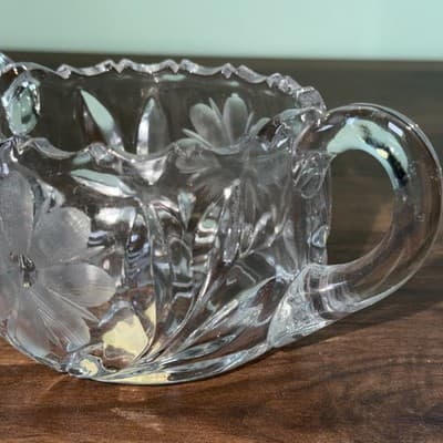 Cut Lead Crystal - Dual Handle SUGAR BOWL Flower Etchings - Sawtooth Edge - Thumbnail 6