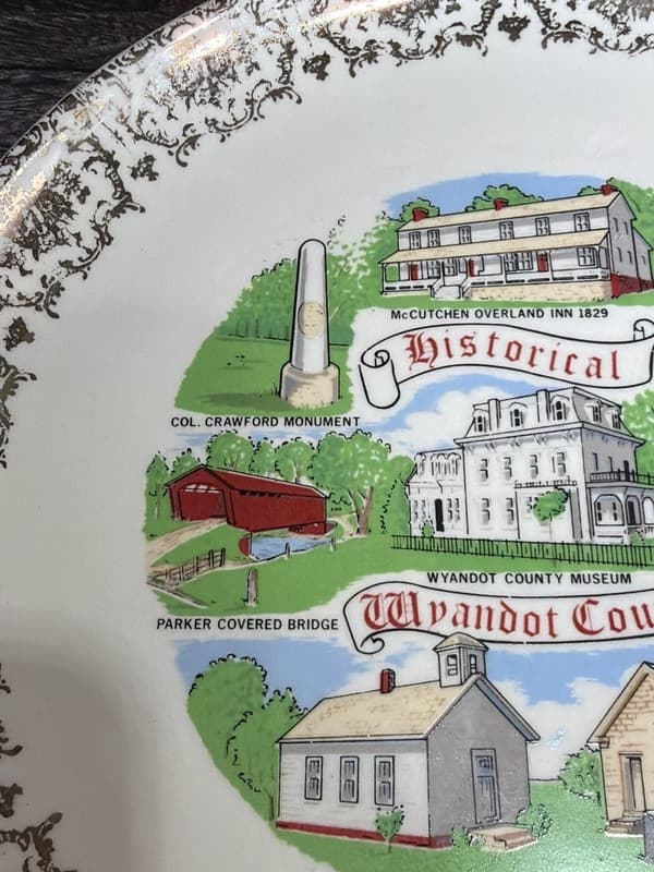 Vintage Historical Wyandot County Ohio Souvenir Collector Plate Gold Filigree 9. - Thumbnail 4