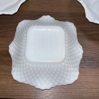 4 Vintage Hazel Atlas Milk Glass Ruffle Edge Diamond Square Pattern Candy Dish - Thumbnail 8