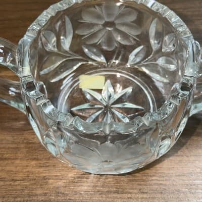 Cut Lead Crystal - Dual Handle SUGAR BOWL Flower Etchings - Sawtooth Edge - Thumbnail 5
