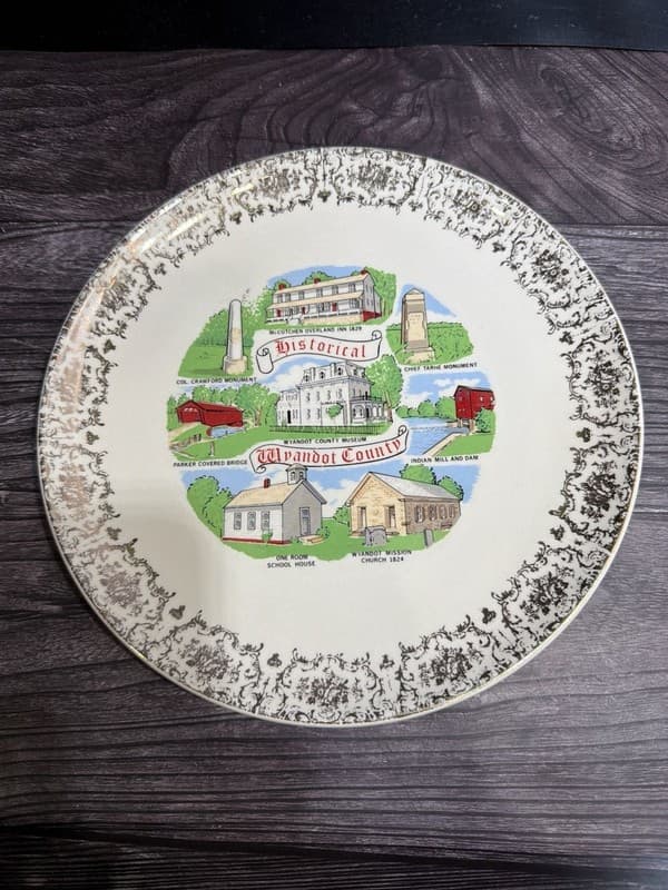 Vintage Historical Wyandot County Ohio Souvenir Collector Plate Gold Filigree 9.