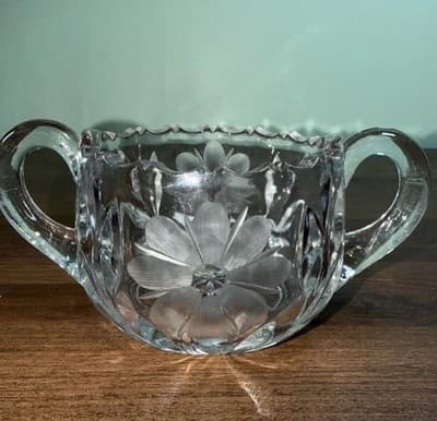 Cut Lead Crystal - Dual Handle SUGAR BOWL Flower Etchings - Sawtooth Edge