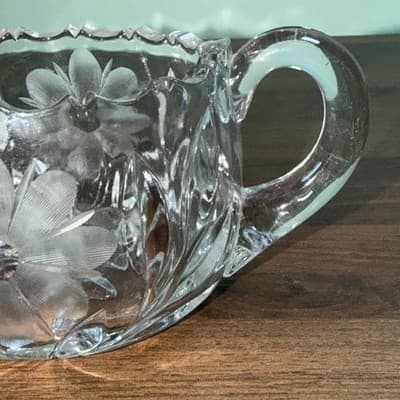 Cut Lead Crystal - Dual Handle SUGAR BOWL Flower Etchings - Sawtooth Edge - Thumbnail 3