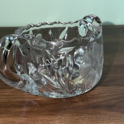 Cut Lead Crystal - Dual Handle SUGAR BOWL Flower Etchings - Sawtooth Edge - Thumbnail 7