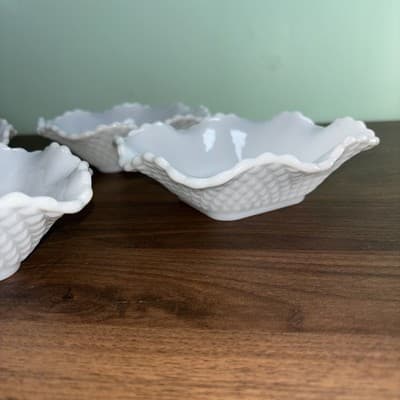 4 Vintage Hazel Atlas Milk Glass Ruffle Edge Diamond Square Pattern Candy Dish - Thumbnail 3
