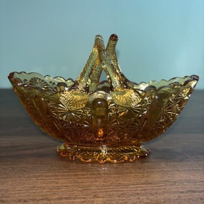 Fenton Amberina Glass Twig Split Handle Basket w/ Button & Daisy Design