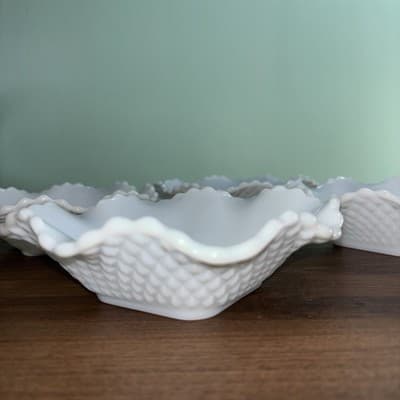 4 Vintage Hazel Atlas Milk Glass Ruffle Edge Diamond Square Pattern Candy Dish - Thumbnail 6