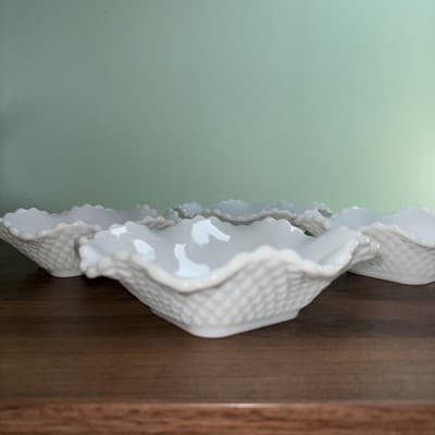 4 Vintage Hazel Atlas Milk Glass Ruffle Edge Diamond Square Pattern Candy Dish - Thumbnail 2