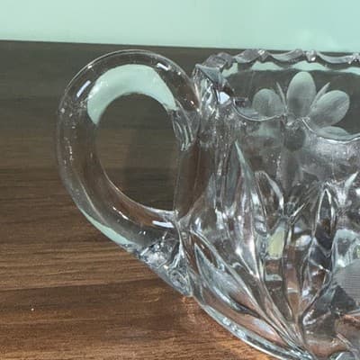 Cut Lead Crystal - Dual Handle SUGAR BOWL Flower Etchings - Sawtooth Edge - Thumbnail 4