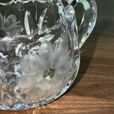 Cut Lead Crystal - Dual Handle SUGAR BOWL Flower Etchings - Sawtooth Edge - Thumbnail 8