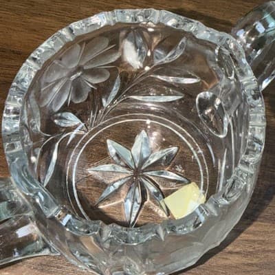 Cut Lead Crystal - Dual Handle SUGAR BOWL Flower Etchings - Sawtooth Edge - Thumbnail 9