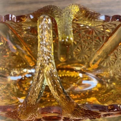 Fenton Amberina Glass Twig Split Handle Basket w/ Button & Daisy Design - Thumbnail 3
