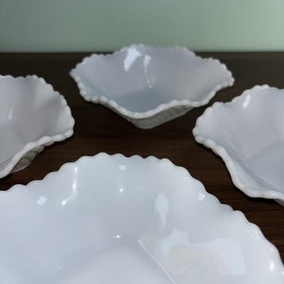 4 Vintage Hazel Atlas Milk Glass Ruffle Edge Diamond Square Pattern Candy Dish - Thumbnail 5