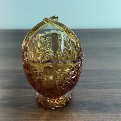 Fenton Amberina Glass Twig Split Handle Basket w/ Button & Daisy Design - Thumbnail 6