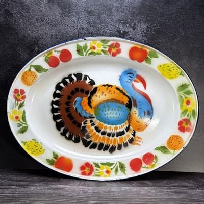 Enamel Turkey Platter Oval Plate Thanksgiving Decor Farmhouse Bright Colors VTG