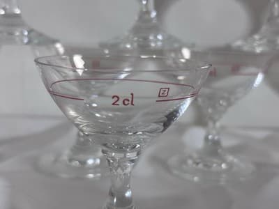 Set of 8 VTG 1970's Schott Zwiesel Stemmed 2 Cl Shot Glasses Red Line Marked - Thumbnail 6