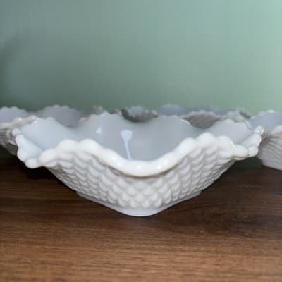 4 Vintage Hazel Atlas Milk Glass Ruffle Edge Diamond Square Pattern Candy Dish - Thumbnail 7