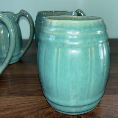 VTG 1920's MCCOY Set Of 4 Blue Green Stoneware Barrel Mugs Tankard Set Coffee - Thumbnail 5