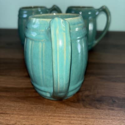 VTG 1920's MCCOY Set Of 4 Blue Green Stoneware Barrel Mugs Tankard Set Coffee - Thumbnail 9